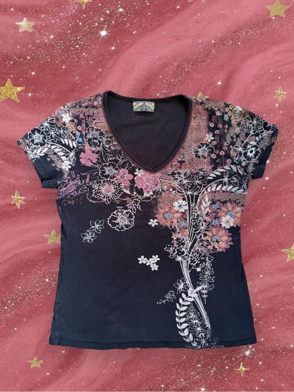 Floral V-Neck Short Sleeve Top - Black with Pink Floral Print